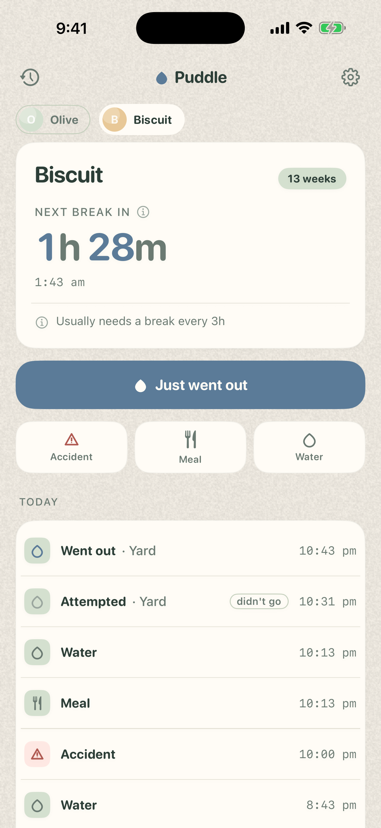 Puddle's Today screen showing a thirteen-week-old puppy named Biscuit with a one hour twenty minute countdown to the next predicted potty break, a primary 'Just went out' button, and a timeline of today's events including pees, meals, water, an accident, and a walk.